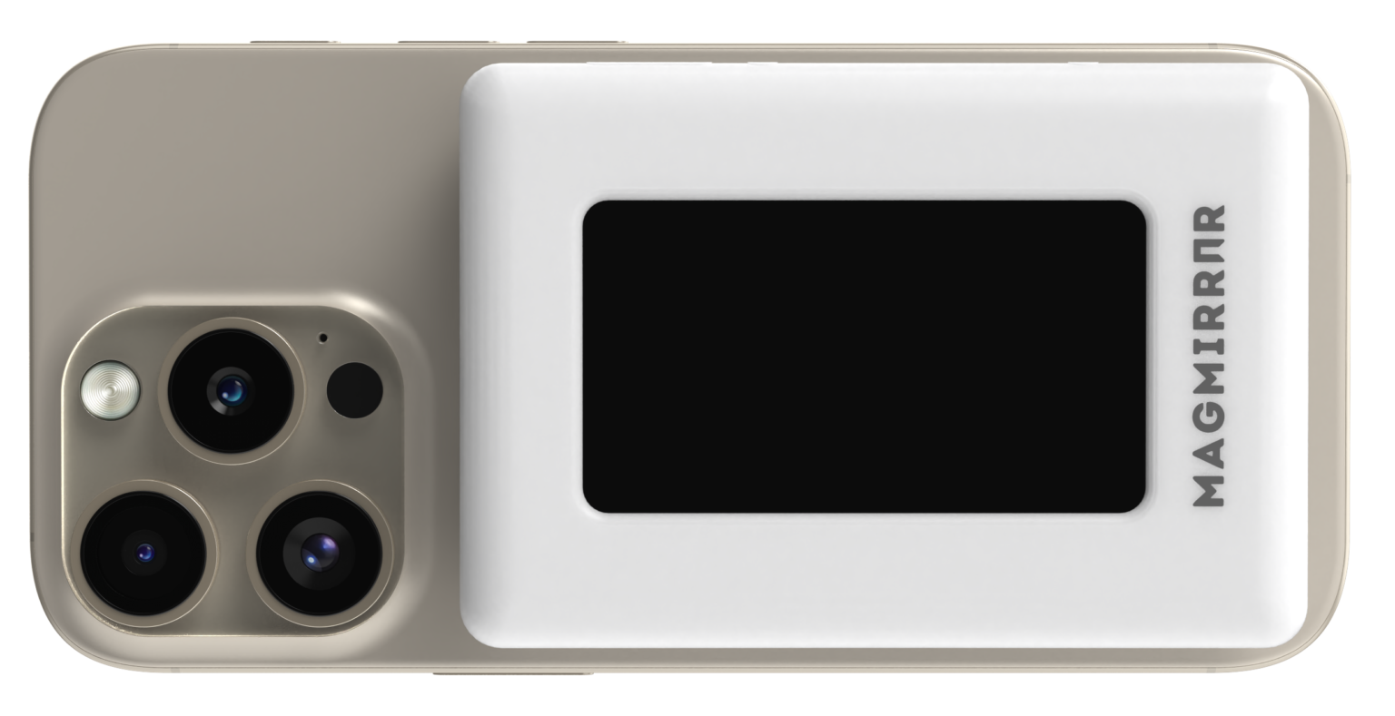 MagMirror device — clean product render showing the screen and camera cutouts on a MagSafe iPhone